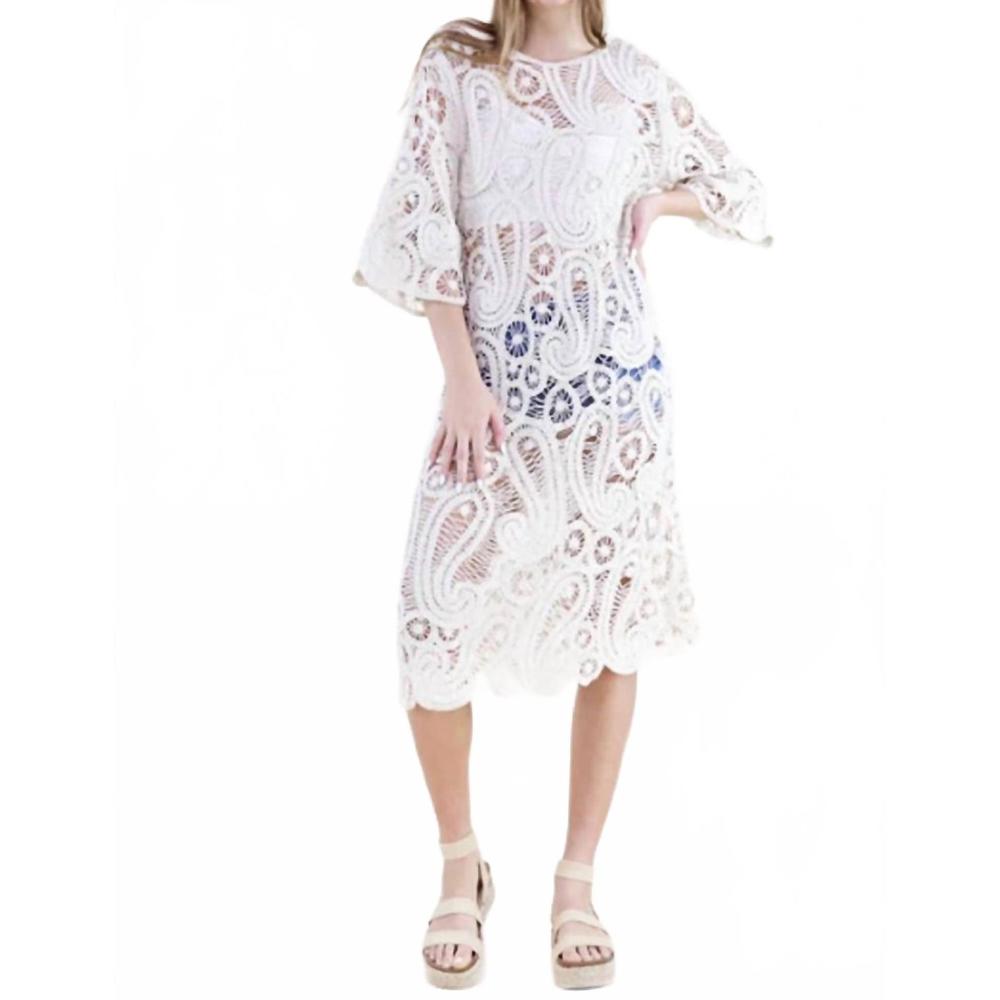 NEW ORIGINAL USA cotton boho paisley boat neck crochet midi dress in beige